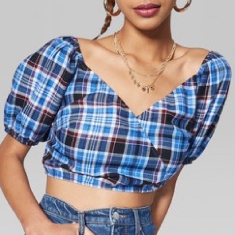 Wild Fable Puff Sleeve V-Neck Cropped Plaid Top